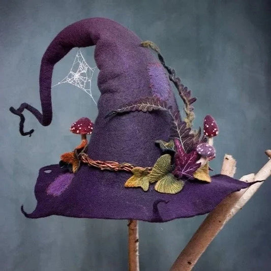 Witch Hat Hand-Felted Wool Chiffon Trim Adjustable Fit