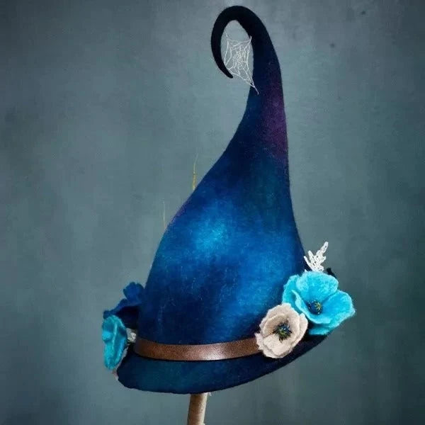 Witch Hat Hand-Felted Wool Chiffon Trim Adjustable Fit
