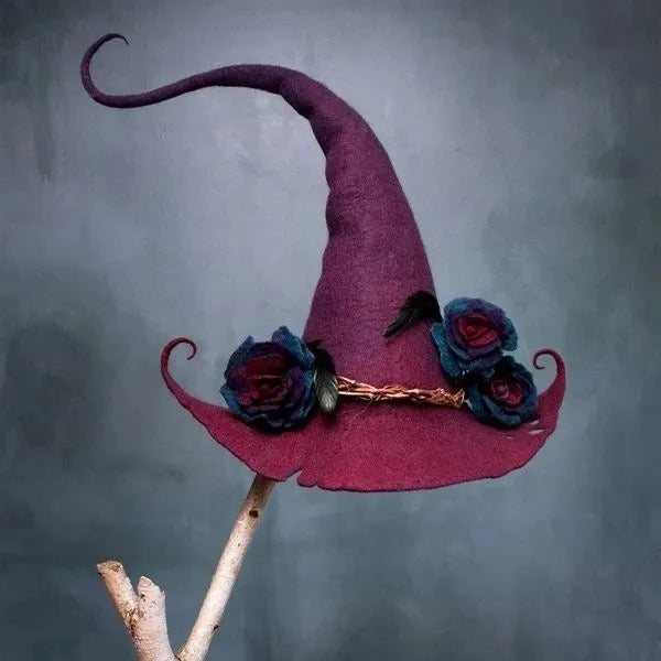 Witch Hat Hand-Felted Wool Chiffon Trim Adjustable Fit