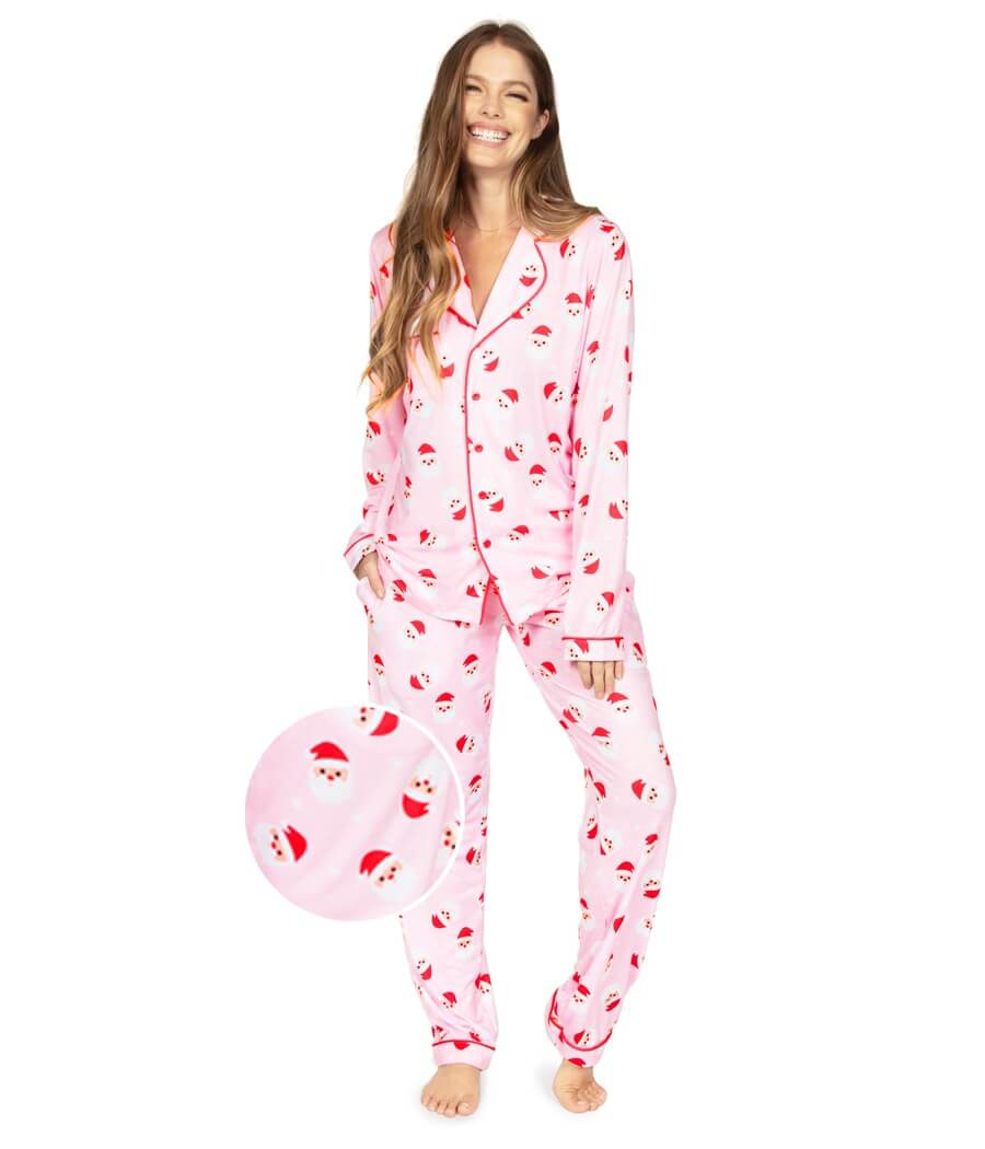 Women's Pajama Set Pink Santa Print Button-Front Lapel Top