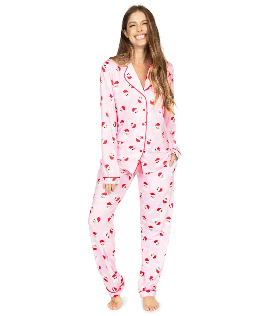 Women's Pajama Set Pink Santa Print Button-Front Lapel Top