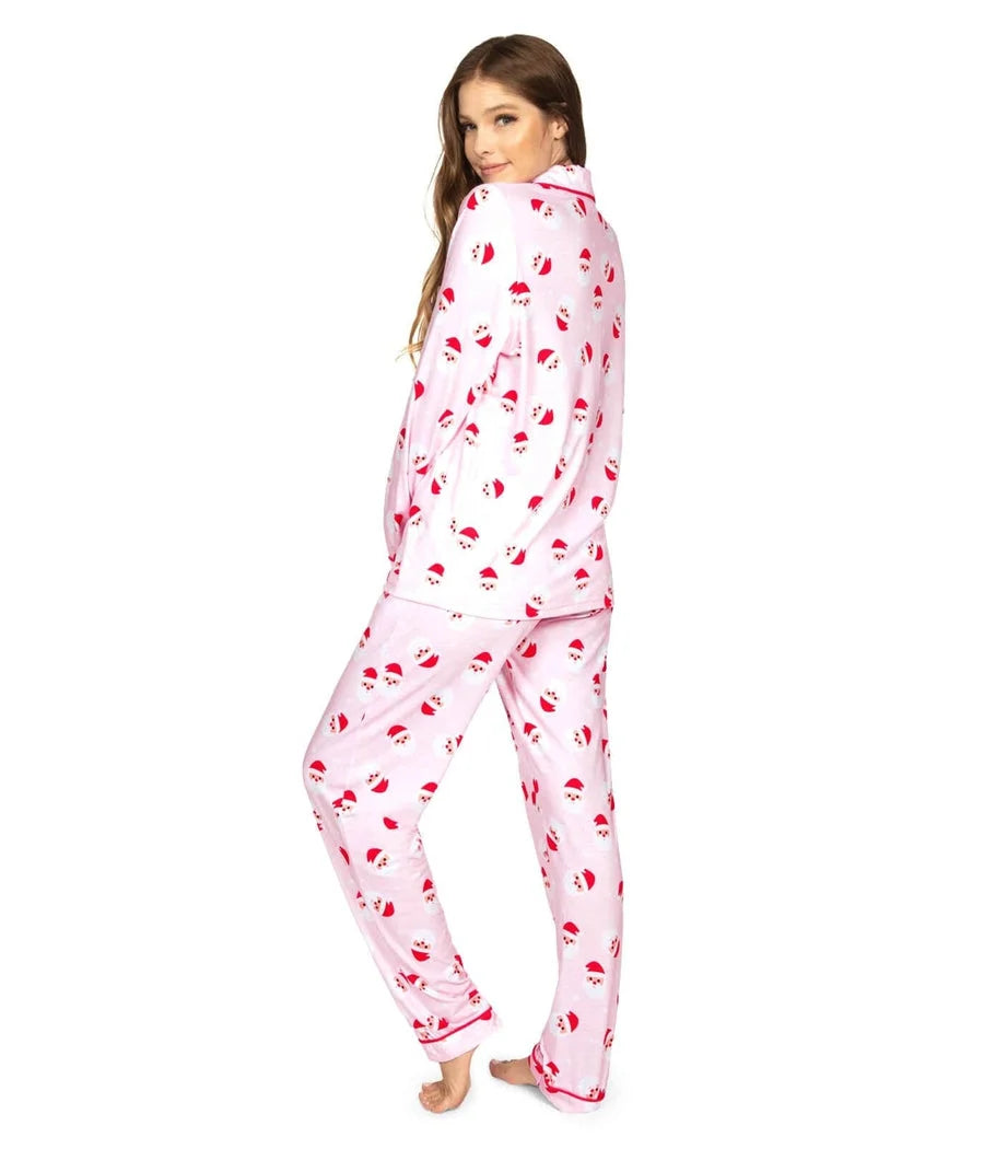 Women's Pajama Set Pink Santa Print Button-Front Lapel Top