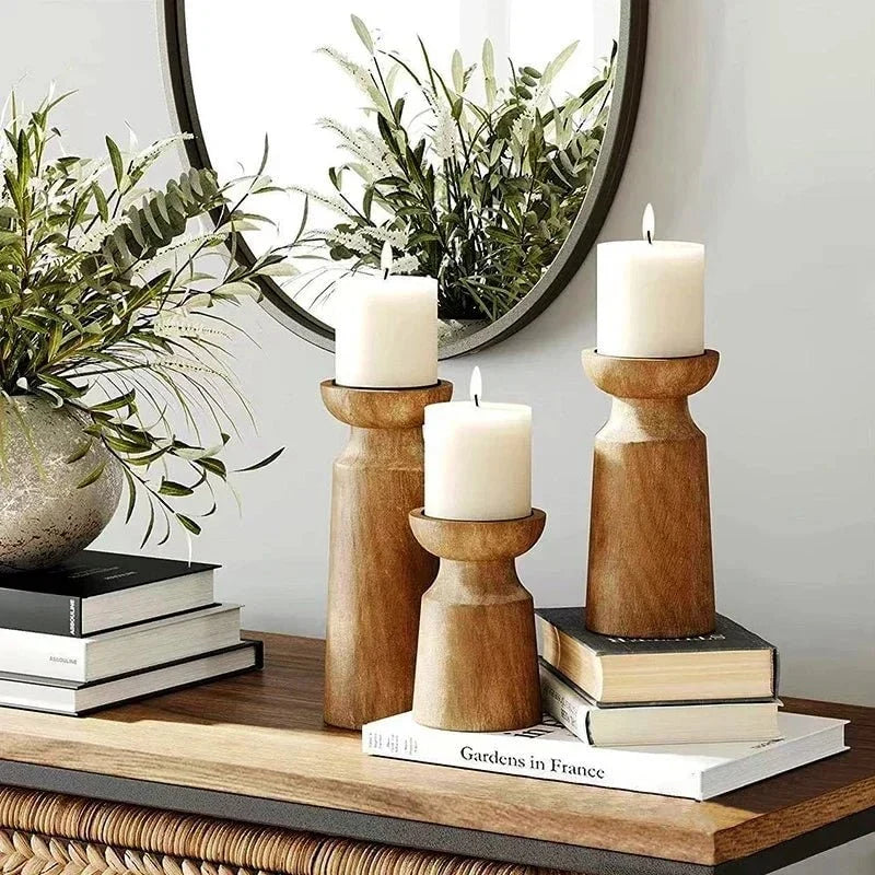 Wooden Candle Holders Turned Wood Set of 3 Graduated Heights