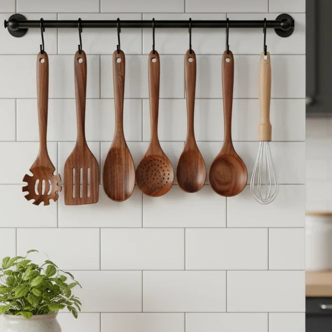 Wooden Utensil Set Teak Hardwood Heat-Resistant Set of 10