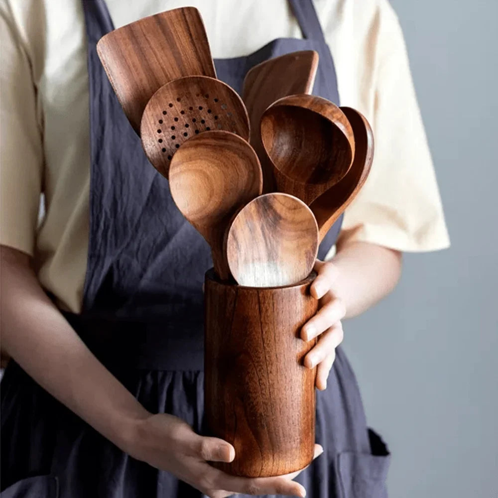 Wooden Utensil Set Teak Hardwood Heat-Resistant Set of 10