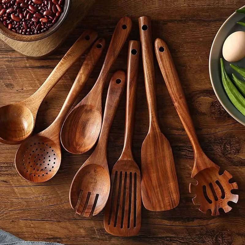 Wooden Utensil Set Teak Hardwood Heat-Resistant Set of 10