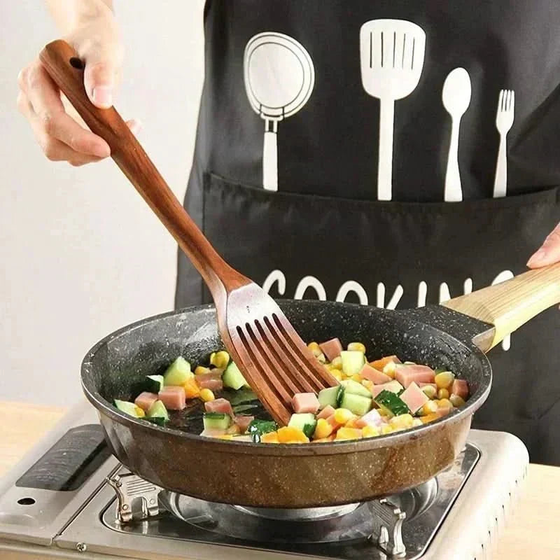 Wooden Utensil Set Teak Hardwood Heat-Resistant Set of 10