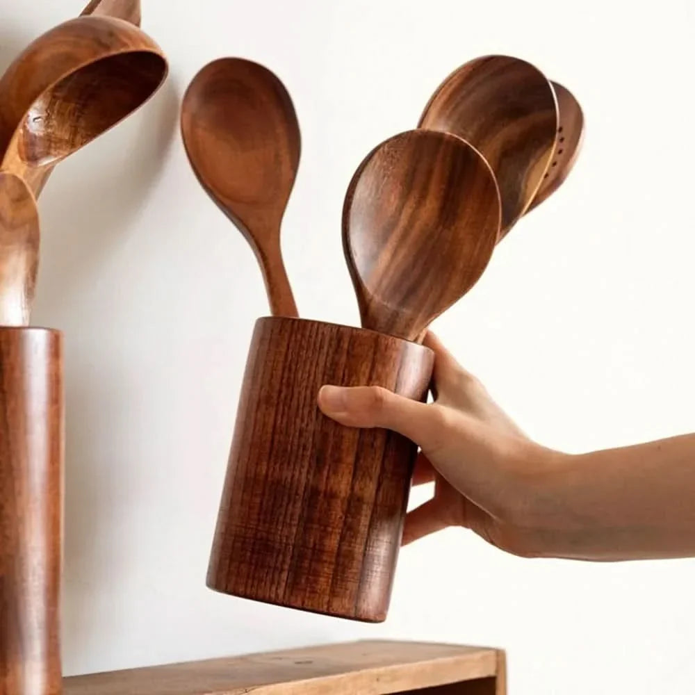 Wooden Utensil Set Teak Hardwood Heat-Resistant Set of 10