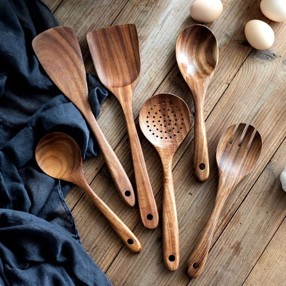 Wooden Utensil Set Teak Hardwood Heat-Resistant Set of 10