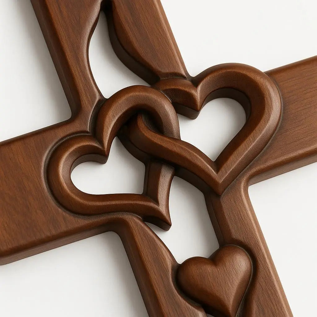 Wooden Wall Cross Hand-Carved Intertwined Hearts Ready To Hang