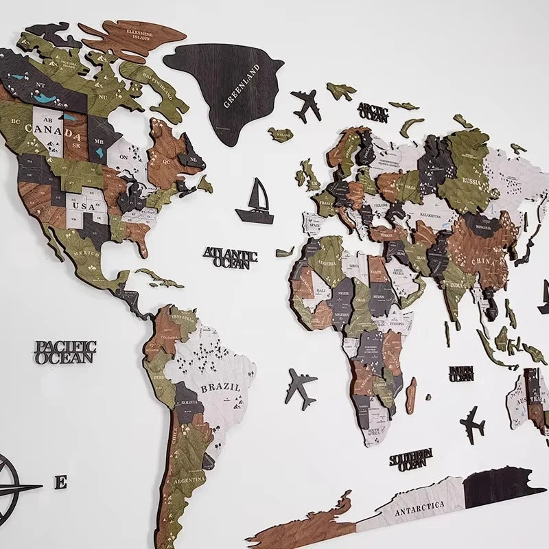 World Map Wall Art 3D Layered Wood Engraved Country Names