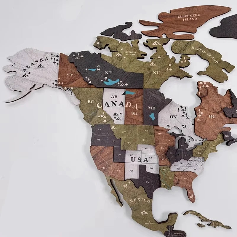 World Map Wall Art 3D Layered Wood Engraved Country Names