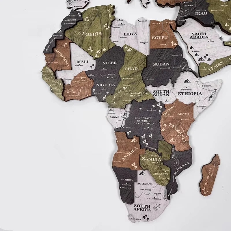 World Map Wall Art 3D Layered Wood Engraved Country Names