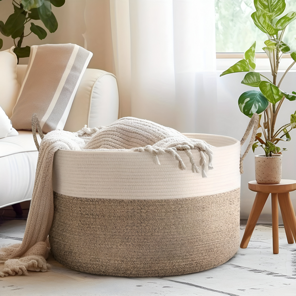 Woven Storage Basket Large Built-In Handles Machine Washable