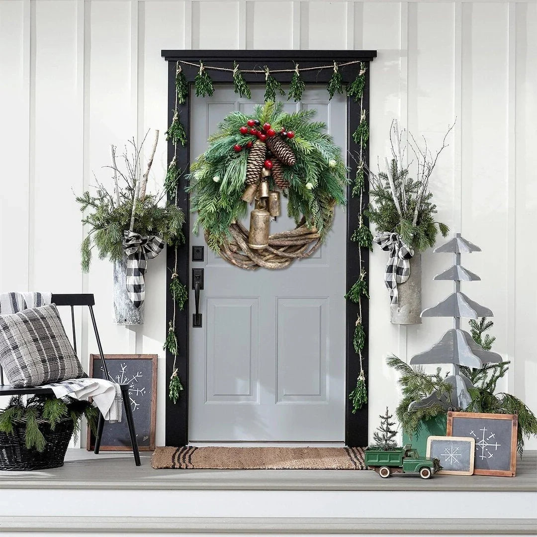 Wreath Pinecones Berries Golden Bells Weather-Resistant 17-Inch