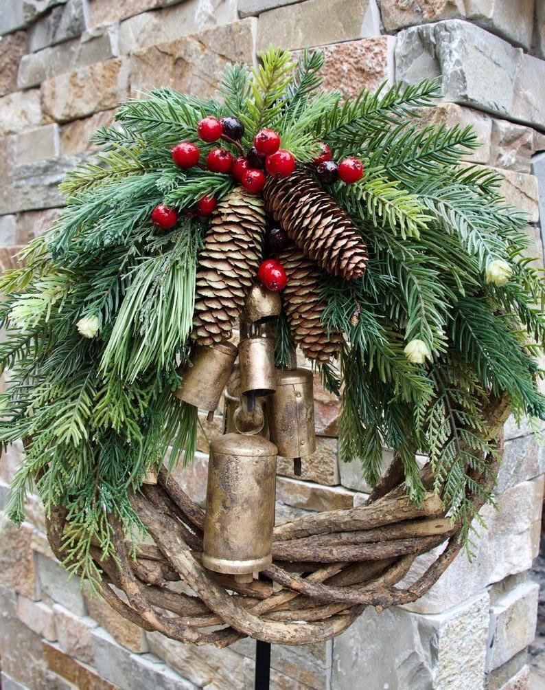 Wreath Pinecones Berries Golden Bells Weather-Resistant 17-Inch