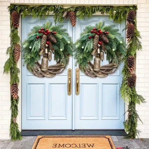 Wreath Pinecones Berries Golden Bells Weather-Resistant 17-Inch